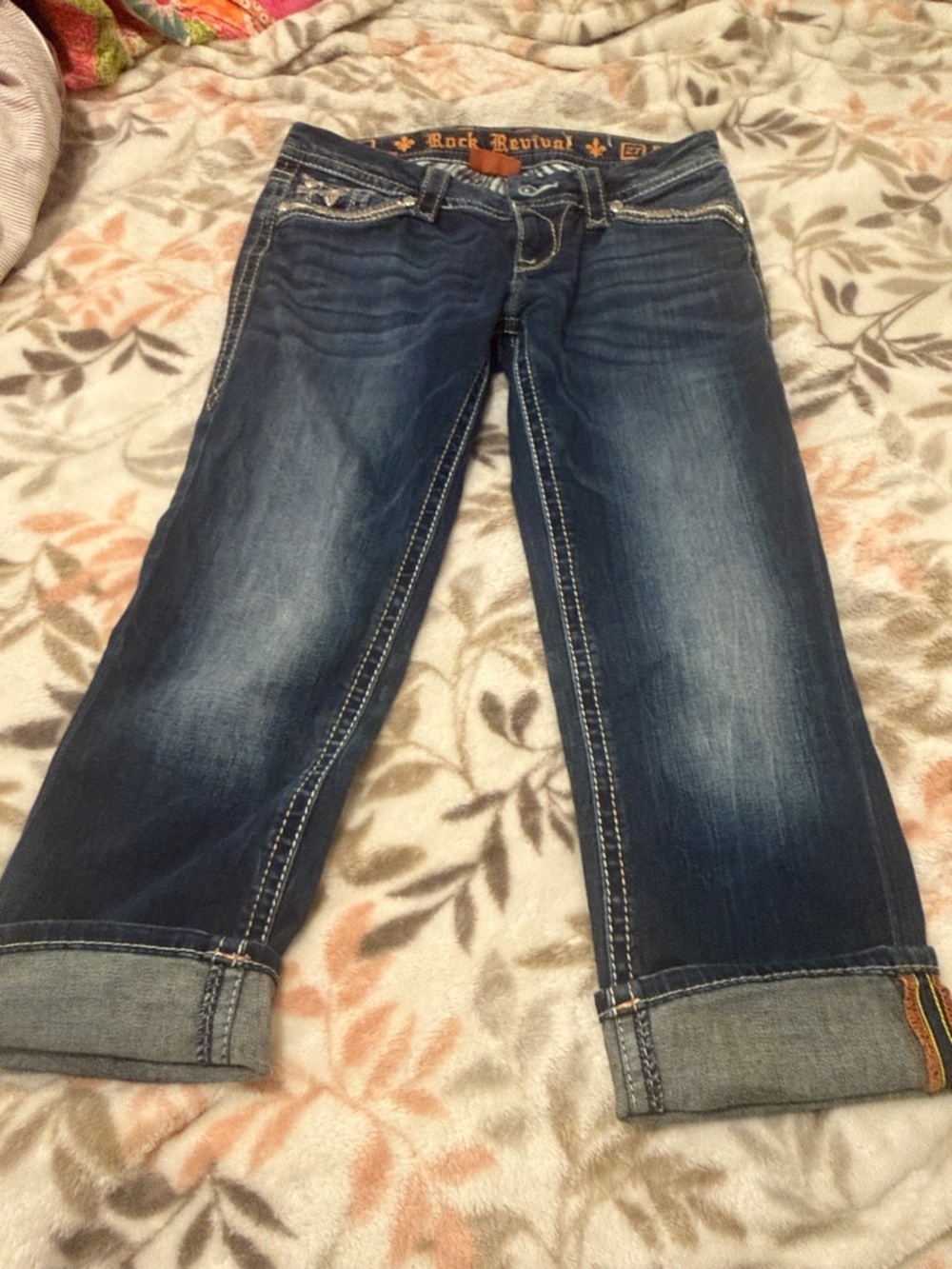 Rock Revival Dark Blue Cropped Jeans with Contrast Stitching